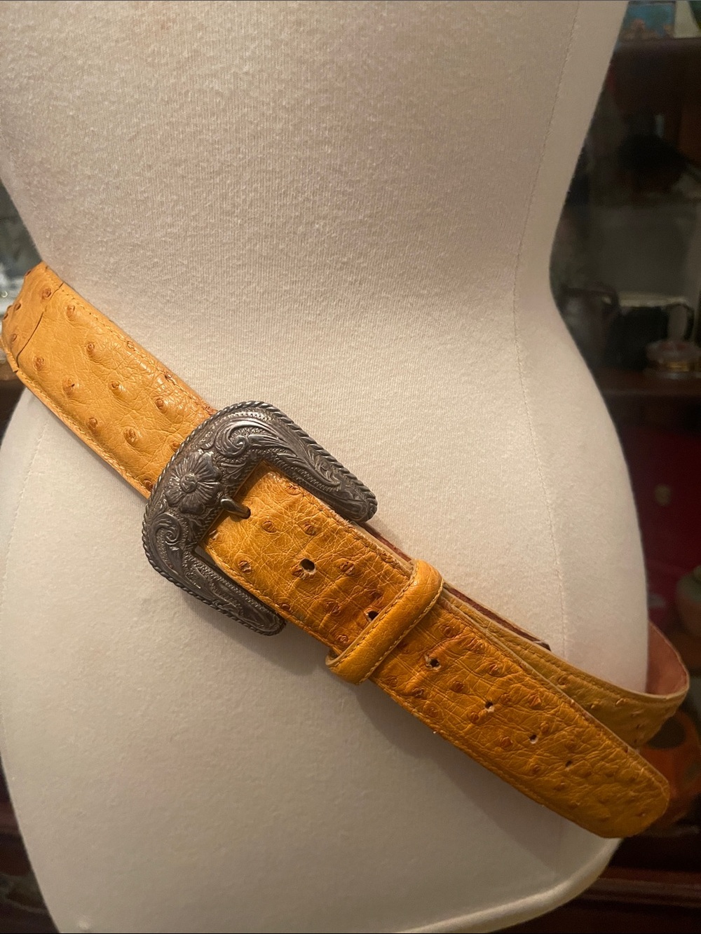 Yellow Ostrich-Textured Leather Belt with Ornate Silver Buckle